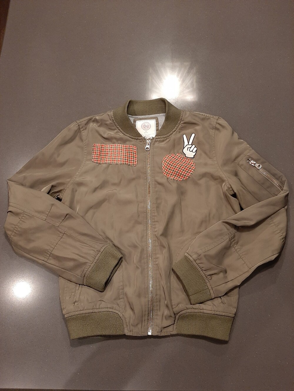 SO Girls Size 16 Olive Green Patch Bomber Jacket Peace Sign Full Zip